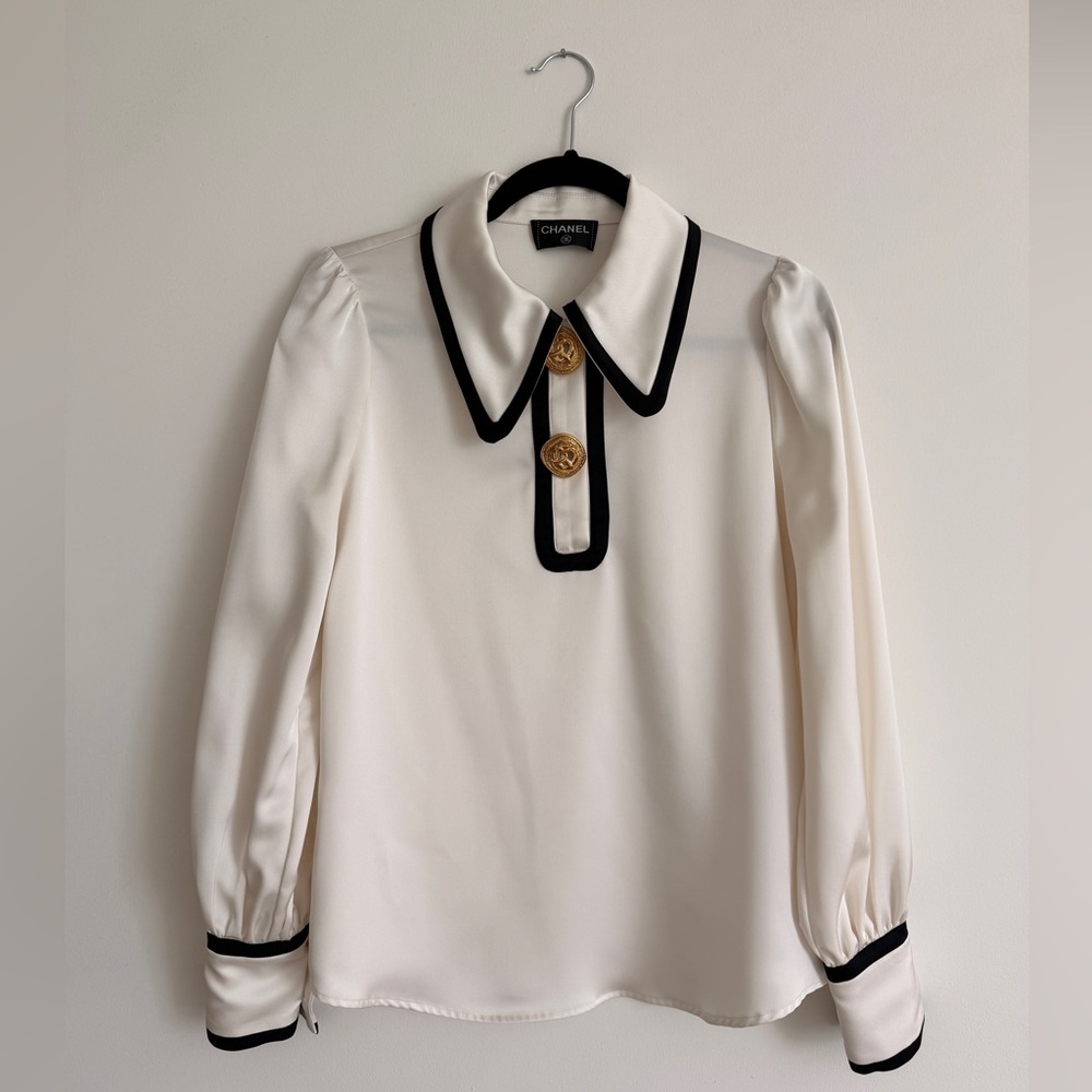 CHANEL Vintage Cream Blouse with Black Trim and Gold Medallion Buttons 36 FR